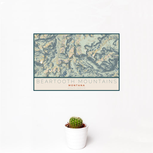12x18 Beartooth Mountains Montana Map Print Landscape Orientation in Woodblock Style With Small Cactus Plant in White Planter