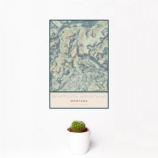 12x18 Beartooth Mountains Montana Map Print Portrait Orientation in Woodblock Style With Small Cactus Plant in White Planter