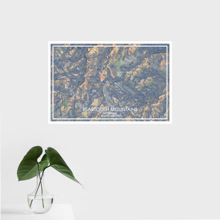 16x24 Beartooth Mountains Montana Map Print Landscape Orientation in Afternoon Style With Tropical Plant Leaves in Water