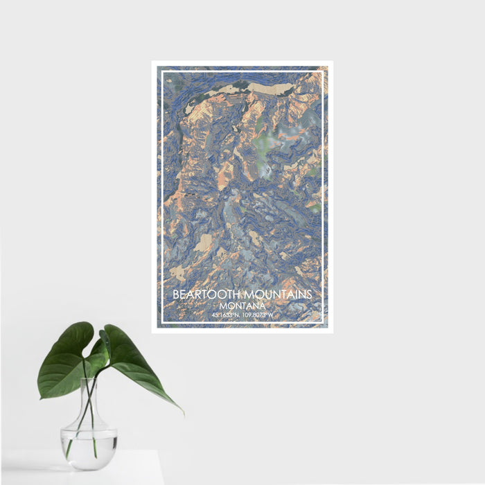 16x24 Beartooth Mountains Montana Map Print Portrait Orientation in Afternoon Style With Tropical Plant Leaves in Water