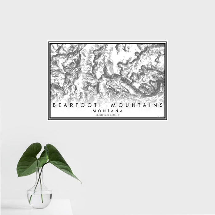 16x24 Beartooth Mountains Montana Map Print Landscape Orientation in Classic Style With Tropical Plant Leaves in Water