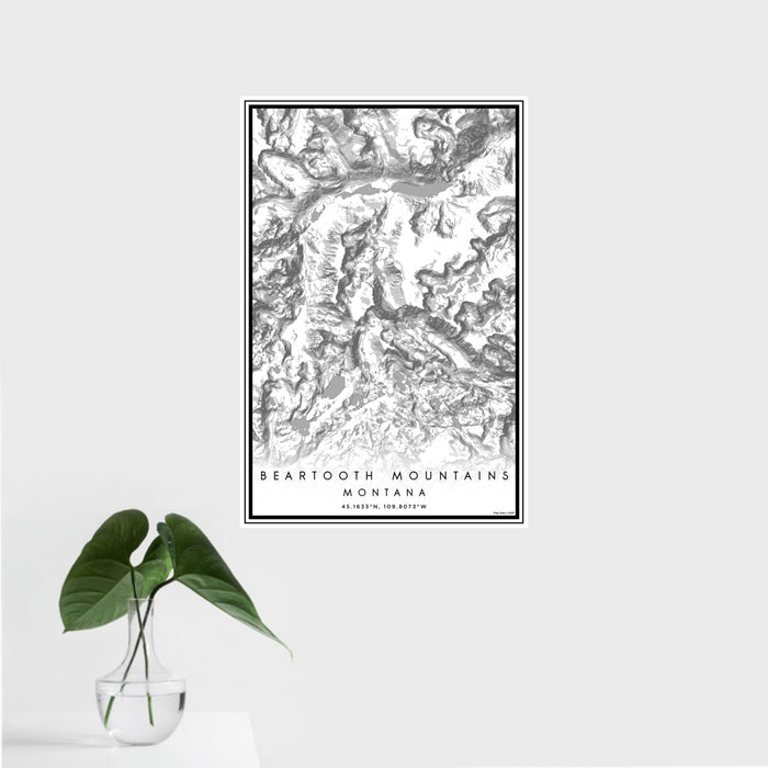 16x24 Beartooth Mountains Montana Map Print Portrait Orientation in Classic Style With Tropical Plant Leaves in Water