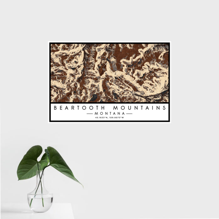 16x24 Beartooth Mountains Montana Map Print Landscape Orientation in Ember Style With Tropical Plant Leaves in Water