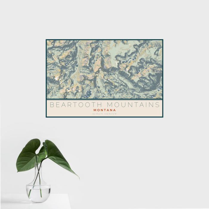 16x24 Beartooth Mountains Montana Map Print Landscape Orientation in Woodblock Style With Tropical Plant Leaves in Water