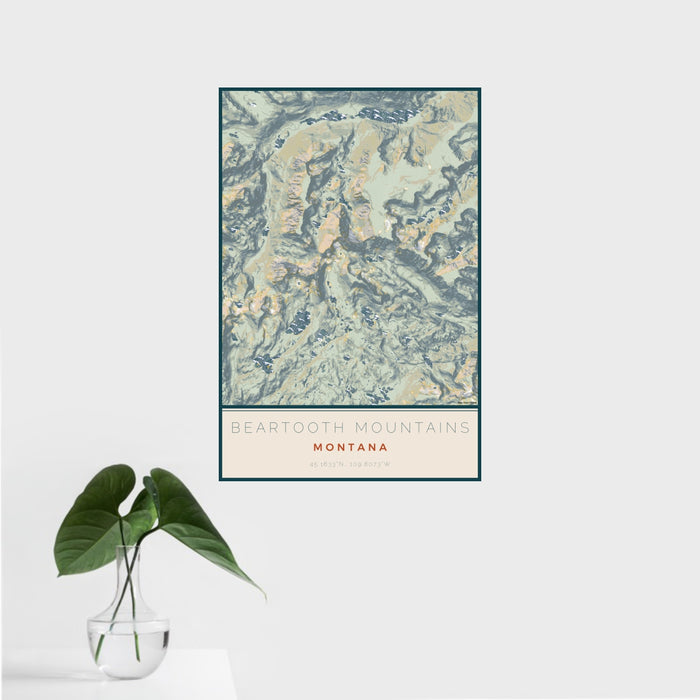 16x24 Beartooth Mountains Montana Map Print Portrait Orientation in Woodblock Style With Tropical Plant Leaves in Water