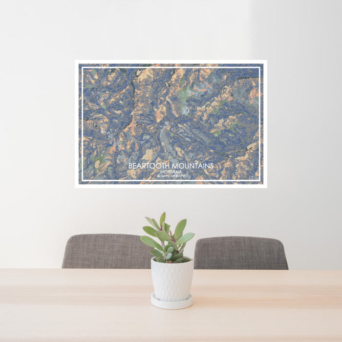 24x36 Beartooth Mountains Montana Map Print Lanscape Orientation in Afternoon Style Behind 2 Chairs Table and Potted Plant