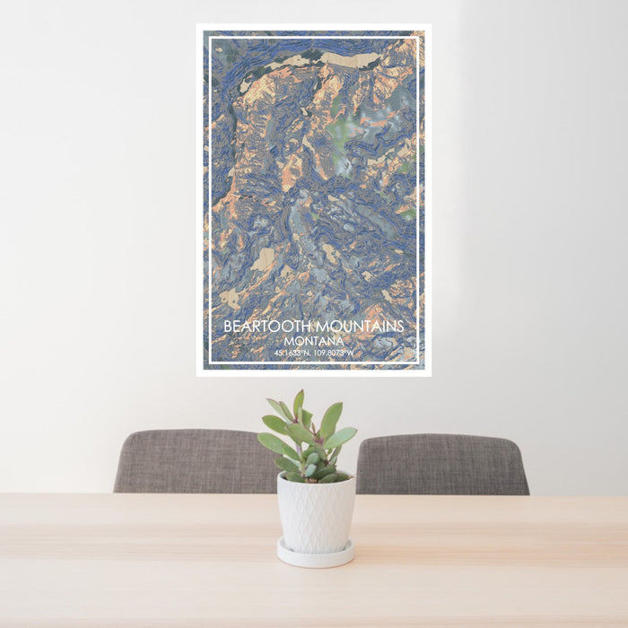 24x36 Beartooth Mountains Montana Map Print Portrait Orientation in Afternoon Style Behind 2 Chairs Table and Potted Plant