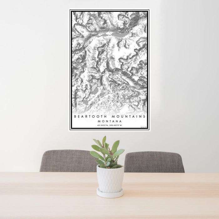 24x36 Beartooth Mountains Montana Map Print Portrait Orientation in Classic Style Behind 2 Chairs Table and Potted Plant