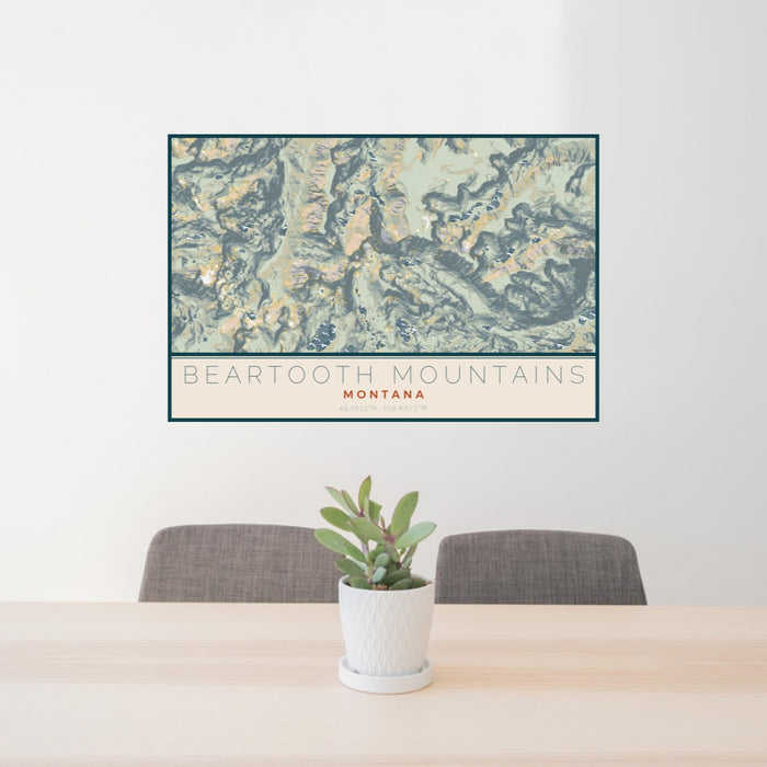 24x36 Beartooth Mountains Montana Map Print Lanscape Orientation in Woodblock Style Behind 2 Chairs Table and Potted Plant