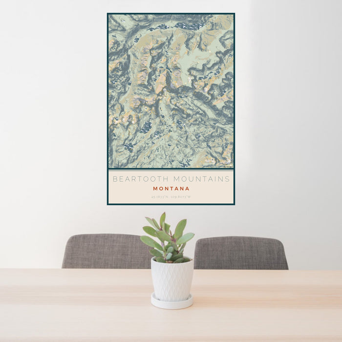24x36 Beartooth Mountains Montana Map Print Portrait Orientation in Woodblock Style Behind 2 Chairs Table and Potted Plant