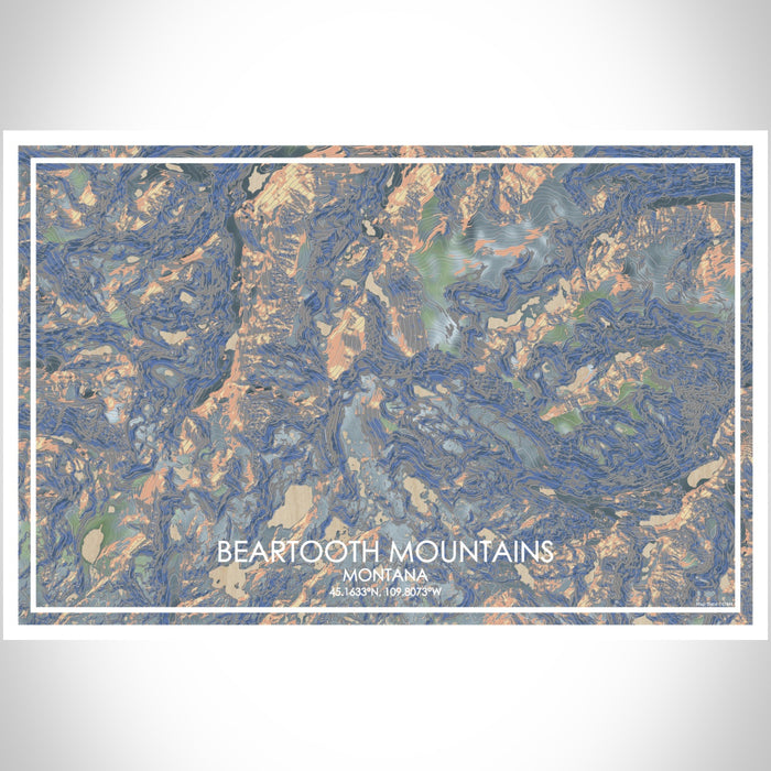 Beartooth Mountains Montana Map Print Landscape Orientation in Afternoon Style With Shaded Background