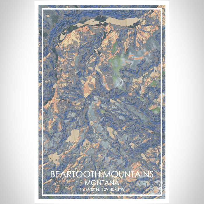 Beartooth Mountains Montana Map Print Portrait Orientation in Afternoon Style With Shaded Background