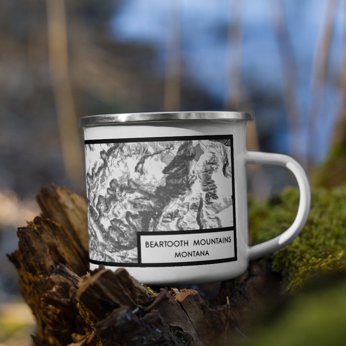 Right View Custom Beartooth Mountains Montana Map Enamel Mug in Classic on Grass With Trees in Background