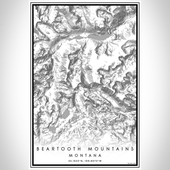 Beartooth Mountains Montana Map Print Portrait Orientation in Classic Style With Shaded Background