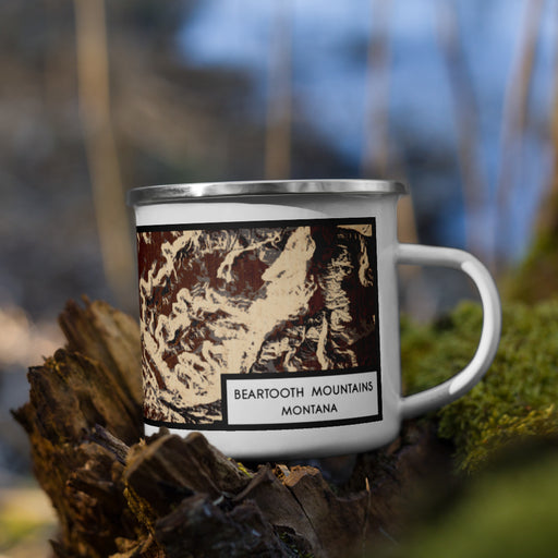 Right View Custom Beartooth Mountains Montana Map Enamel Mug in Ember on Grass With Trees in Background