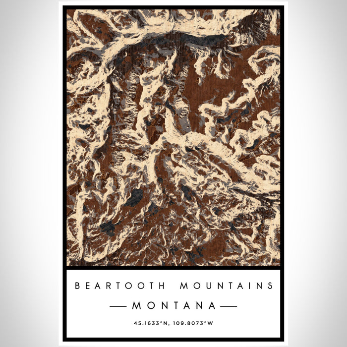 Beartooth Mountains Montana Map Print Portrait Orientation in Ember Style With Shaded Background
