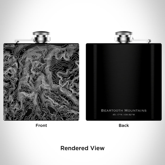 Rendered View of Beartooth Mountains Montana Map Engraving on 6oz Stainless Steel Flask in Black