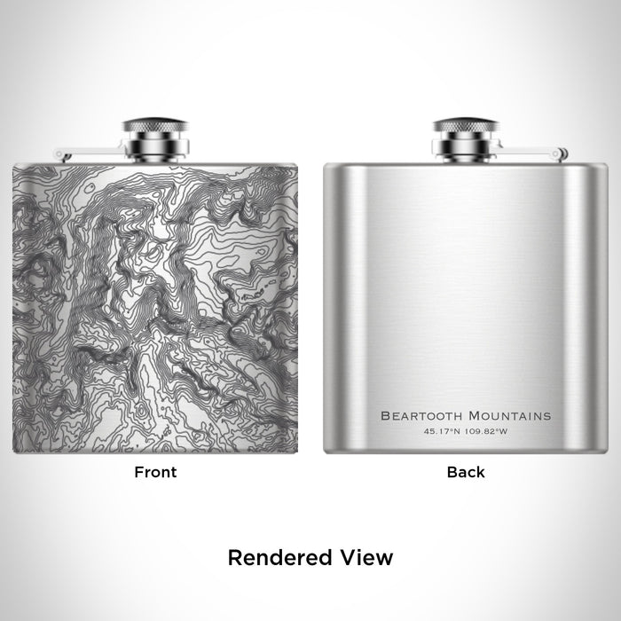 Rendered View of Beartooth Mountains Montana Map Engraving on 6oz Stainless Steel Flask