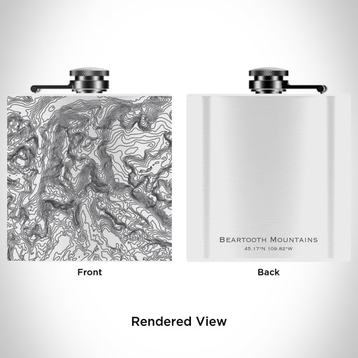 Rendered View of Beartooth Mountains Montana Map Engraving on 6oz Stainless Steel Flask in White