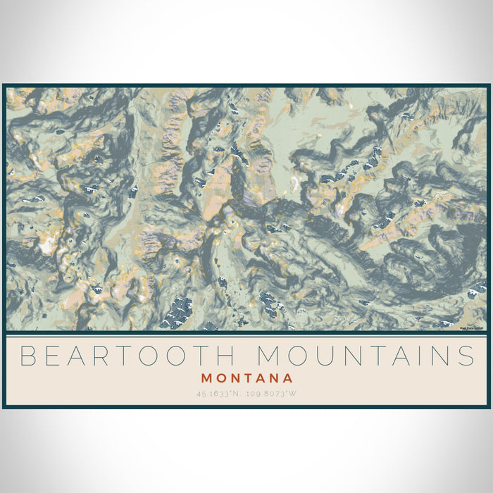 Beartooth Mountains Montana Map Print Landscape Orientation in Woodblock Style With Shaded Background