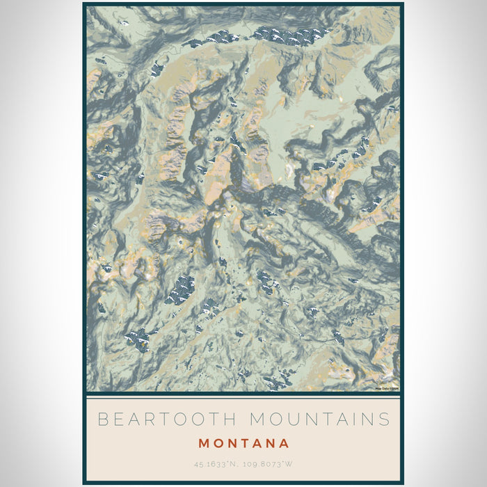 Beartooth Mountains Montana Map Print Portrait Orientation in Woodblock Style With Shaded Background