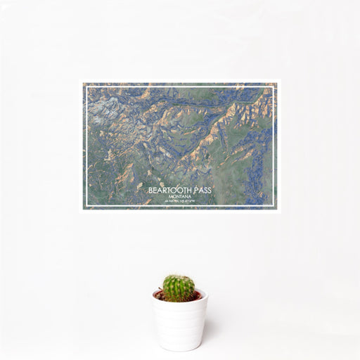 12x18 Beartooth Pass Montana Map Print Landscape Orientation in Afternoon Style With Small Cactus Plant in White Planter