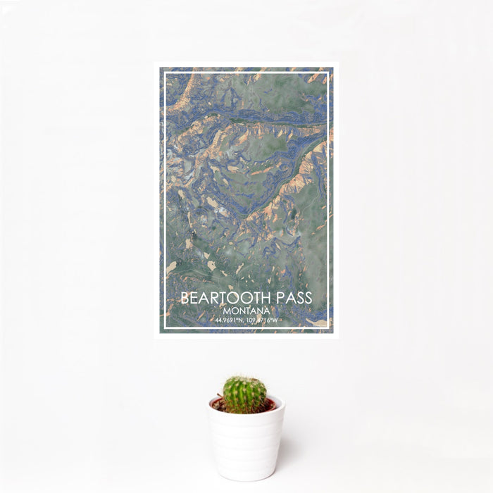12x18 Beartooth Pass Montana Map Print Portrait Orientation in Afternoon Style With Small Cactus Plant in White Planter