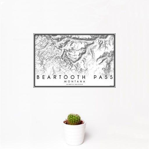 12x18 Beartooth Pass Montana Map Print Landscape Orientation in Classic Style With Small Cactus Plant in White Planter