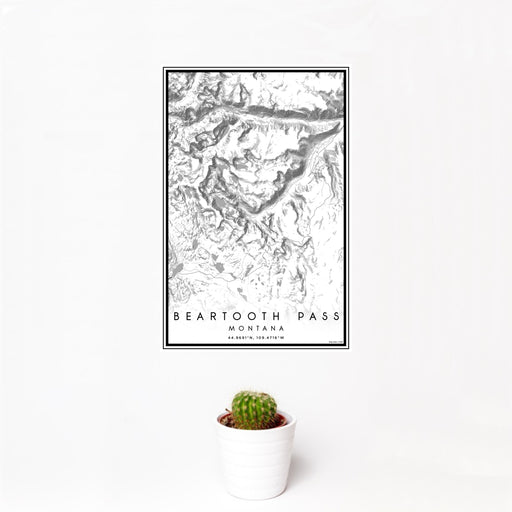 12x18 Beartooth Pass Montana Map Print Portrait Orientation in Classic Style With Small Cactus Plant in White Planter