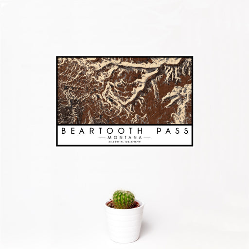 12x18 Beartooth Pass Montana Map Print Landscape Orientation in Ember Style With Small Cactus Plant in White Planter