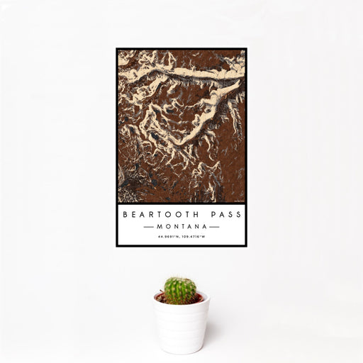 12x18 Beartooth Pass Montana Map Print Portrait Orientation in Ember Style With Small Cactus Plant in White Planter