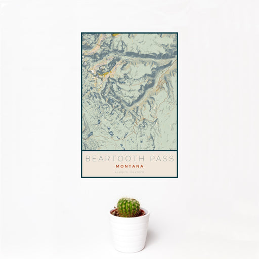 12x18 Beartooth Pass Montana Map Print Portrait Orientation in Woodblock Style With Small Cactus Plant in White Planter