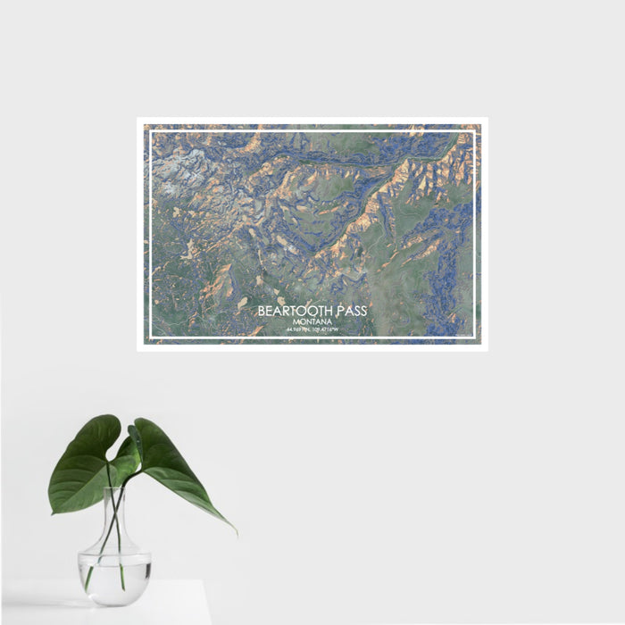 16x24 Beartooth Pass Montana Map Print Landscape Orientation in Afternoon Style With Tropical Plant Leaves in Water
