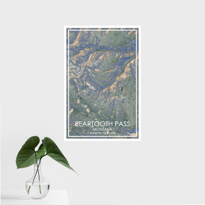 16x24 Beartooth Pass Montana Map Print Portrait Orientation in Afternoon Style With Tropical Plant Leaves in Water