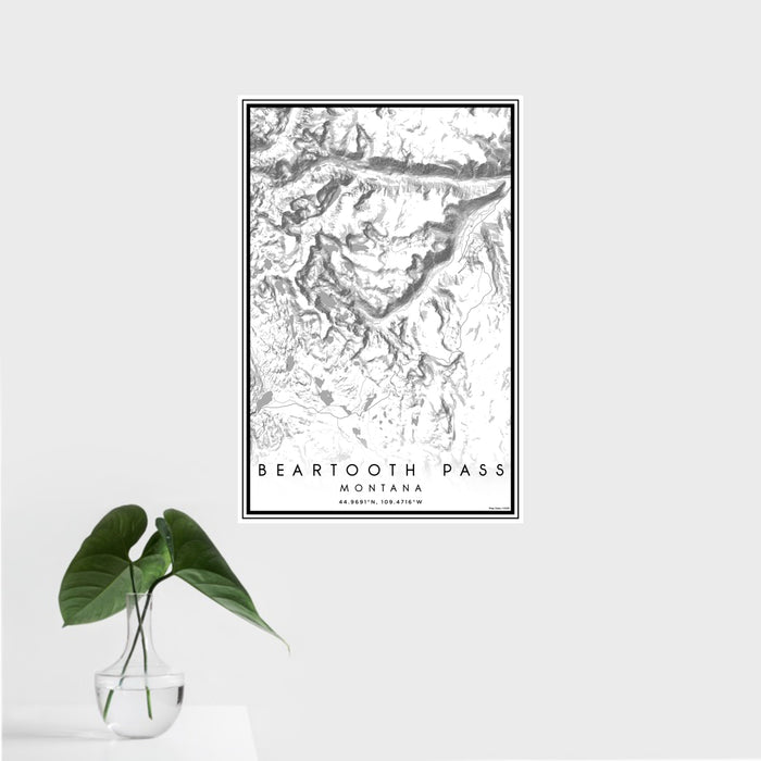 16x24 Beartooth Pass Montana Map Print Portrait Orientation in Classic Style With Tropical Plant Leaves in Water