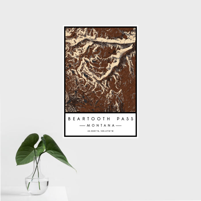 16x24 Beartooth Pass Montana Map Print Portrait Orientation in Ember Style With Tropical Plant Leaves in Water