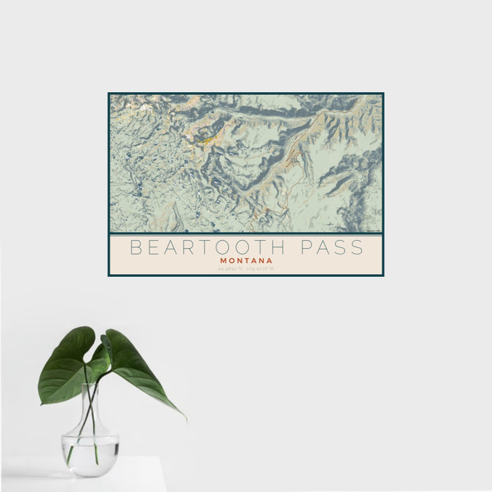 16x24 Beartooth Pass Montana Map Print Landscape Orientation in Woodblock Style With Tropical Plant Leaves in Water