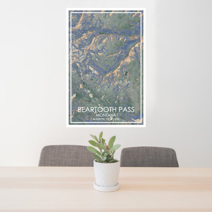 24x36 Beartooth Pass Montana Map Print Portrait Orientation in Afternoon Style Behind 2 Chairs Table and Potted Plant