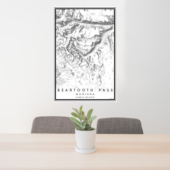 24x36 Beartooth Pass Montana Map Print Portrait Orientation in Classic Style Behind 2 Chairs Table and Potted Plant