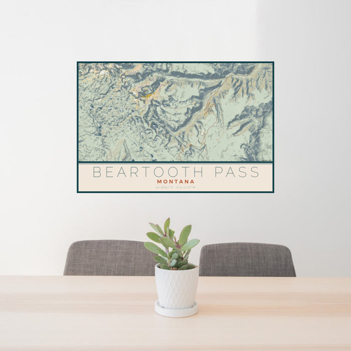 24x36 Beartooth Pass Montana Map Print Lanscape Orientation in Woodblock Style Behind 2 Chairs Table and Potted Plant