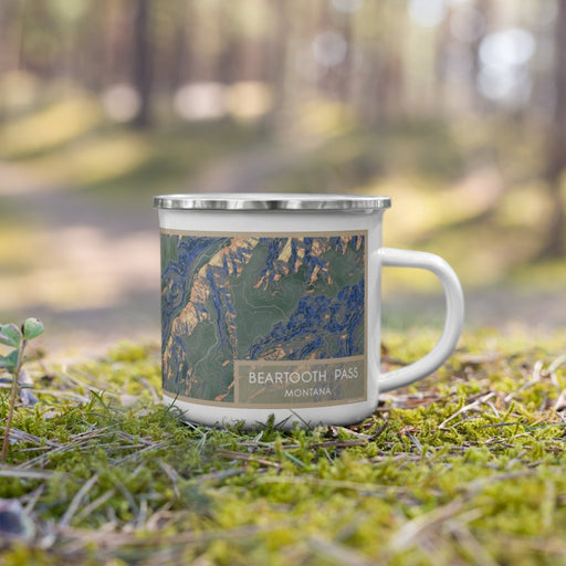 Right View Custom Beartooth Pass Montana Map Enamel Mug in Afternoon on Grass With Trees in Background