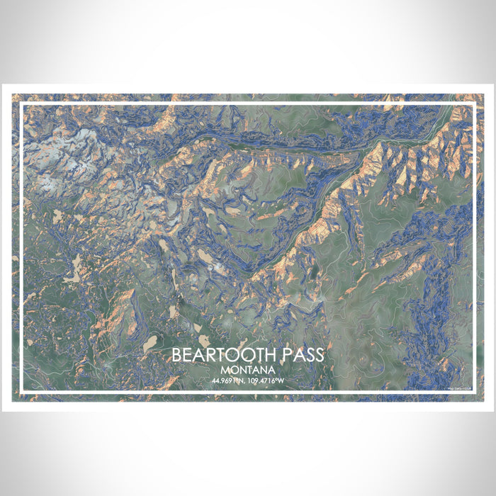 Beartooth Pass Montana Map Print Landscape Orientation in Afternoon Style With Shaded Background