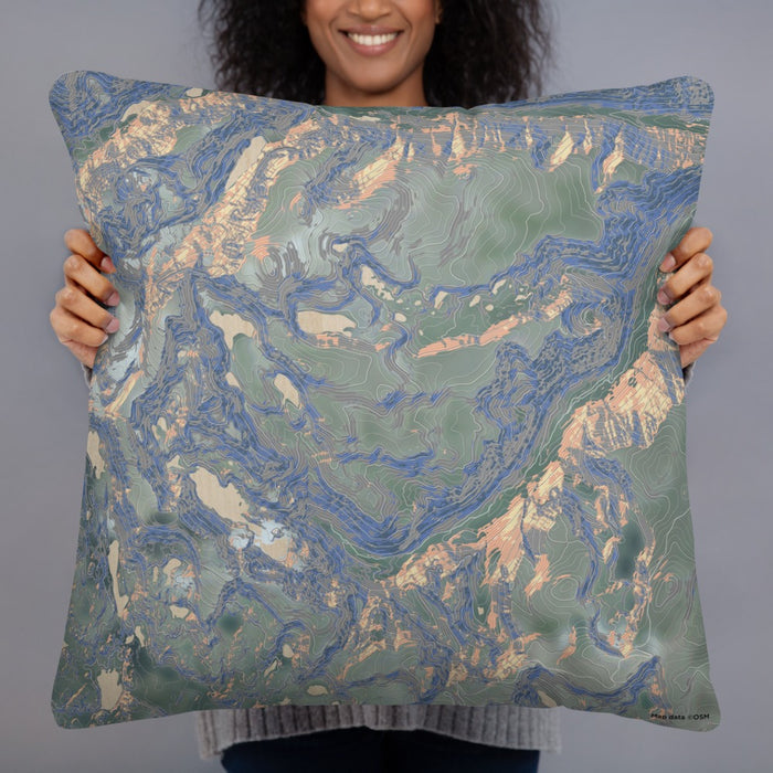 Person holding 22x22 Custom Beartooth Pass Montana Map Throw Pillow in Afternoon