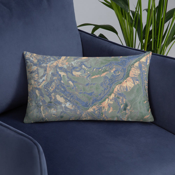 Custom Beartooth Pass Montana Map Throw Pillow in Afternoon on Blue Colored Chair