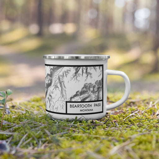 Right View Custom Beartooth Pass Montana Map Enamel Mug in Classic on Grass With Trees in Background