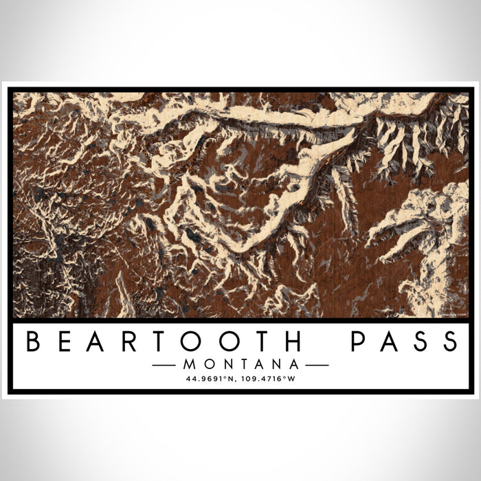 Beartooth Pass Montana Map Print Landscape Orientation in Ember Style With Shaded Background