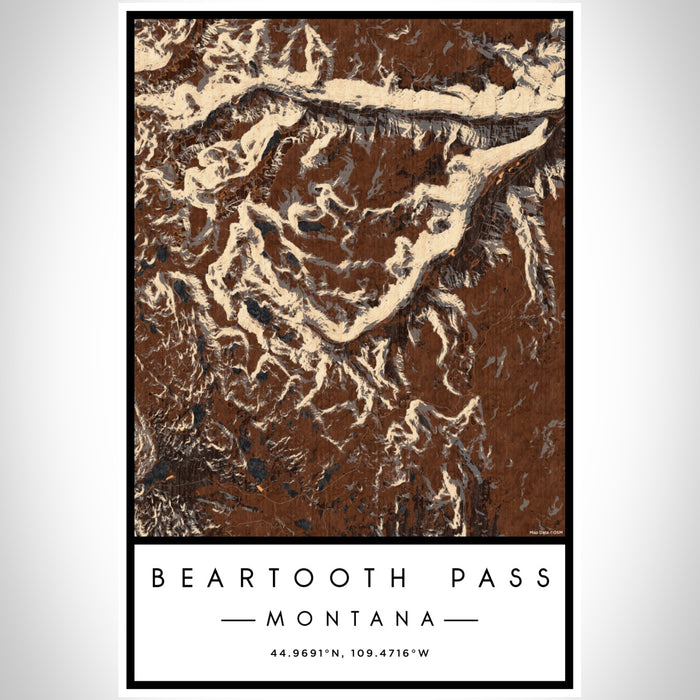 Beartooth Pass Montana Map Print Portrait Orientation in Ember Style With Shaded Background