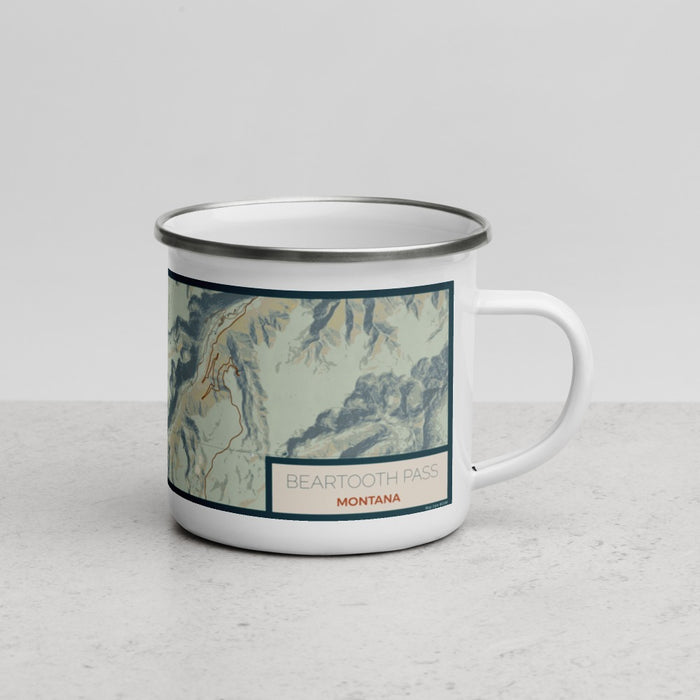 Right View Custom Beartooth Pass Montana Map Enamel Mug in Woodblock