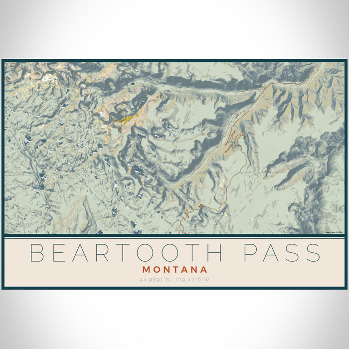 Beartooth Pass Montana Map Print Landscape Orientation in Woodblock Style With Shaded Background
