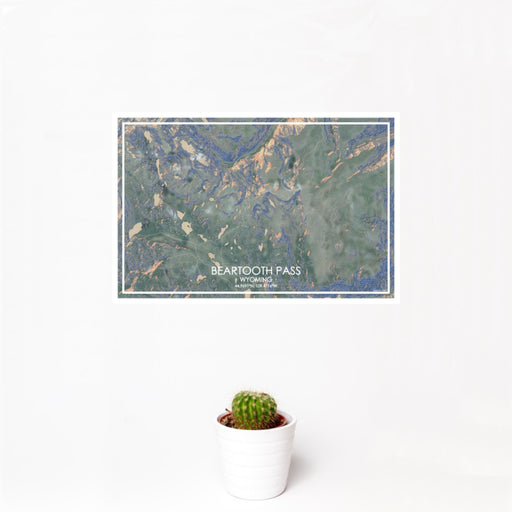 12x18 Beartooth Pass Wyoming Map Print Landscape Orientation in Afternoon Style With Small Cactus Plant in White Planter